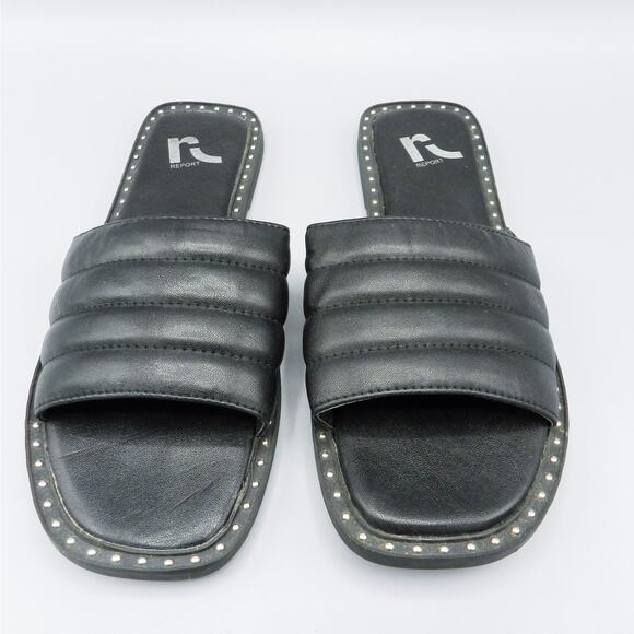 Report Rosalee Puff Slide Sandals Studded Sz 7 Black Faux Leather Square Toe - Picture 2 of 10